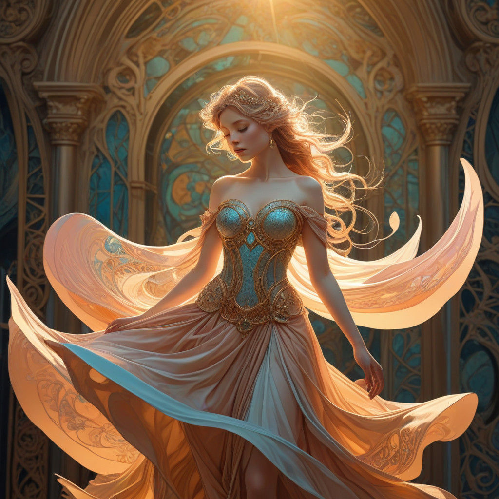 Whimsical Art Nouveau Being in Abstract Fractal Architecture