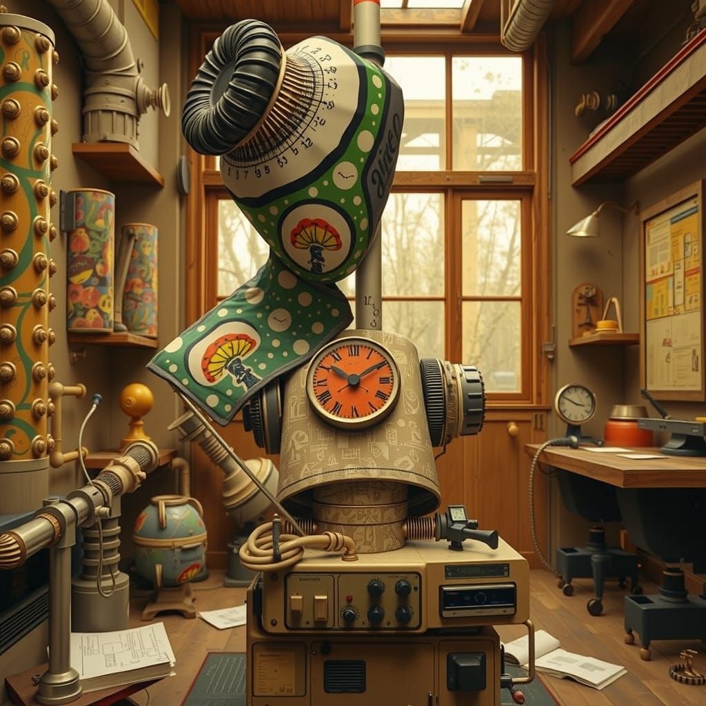 Gigantic Mushroom Flags in Front of Quirky Chewing Gum Cabin