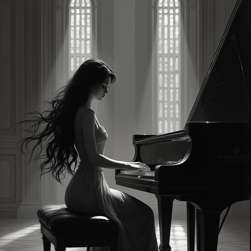 Woman at Piano in Concert Hall: Art Nouveau Pencil Sketch