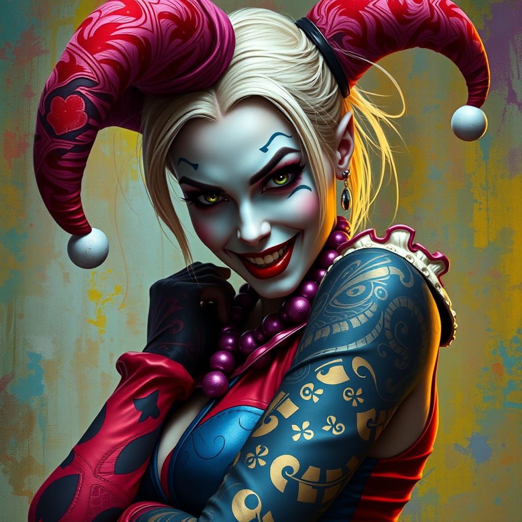 Harley Quinn Portrait with Tribal Tattoos in Splash Art
