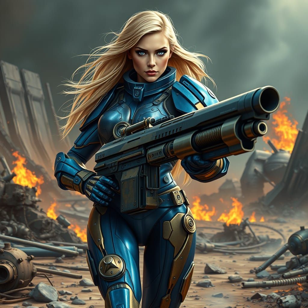Armored Woman with Blaster on Alien Planet