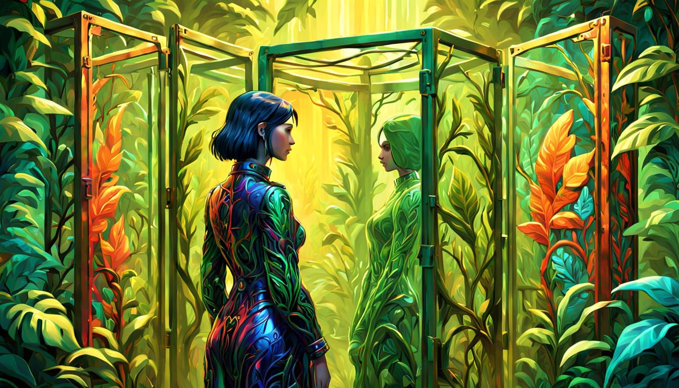 Person in Enclosure: Vibrant Triadic Color Oil Painting