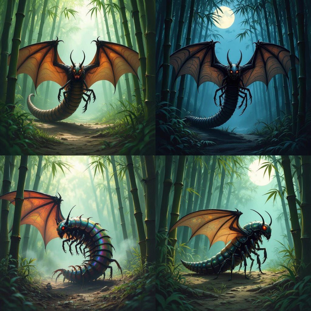 Centipede-Bat Hybrid Creature in Bamboo Forest