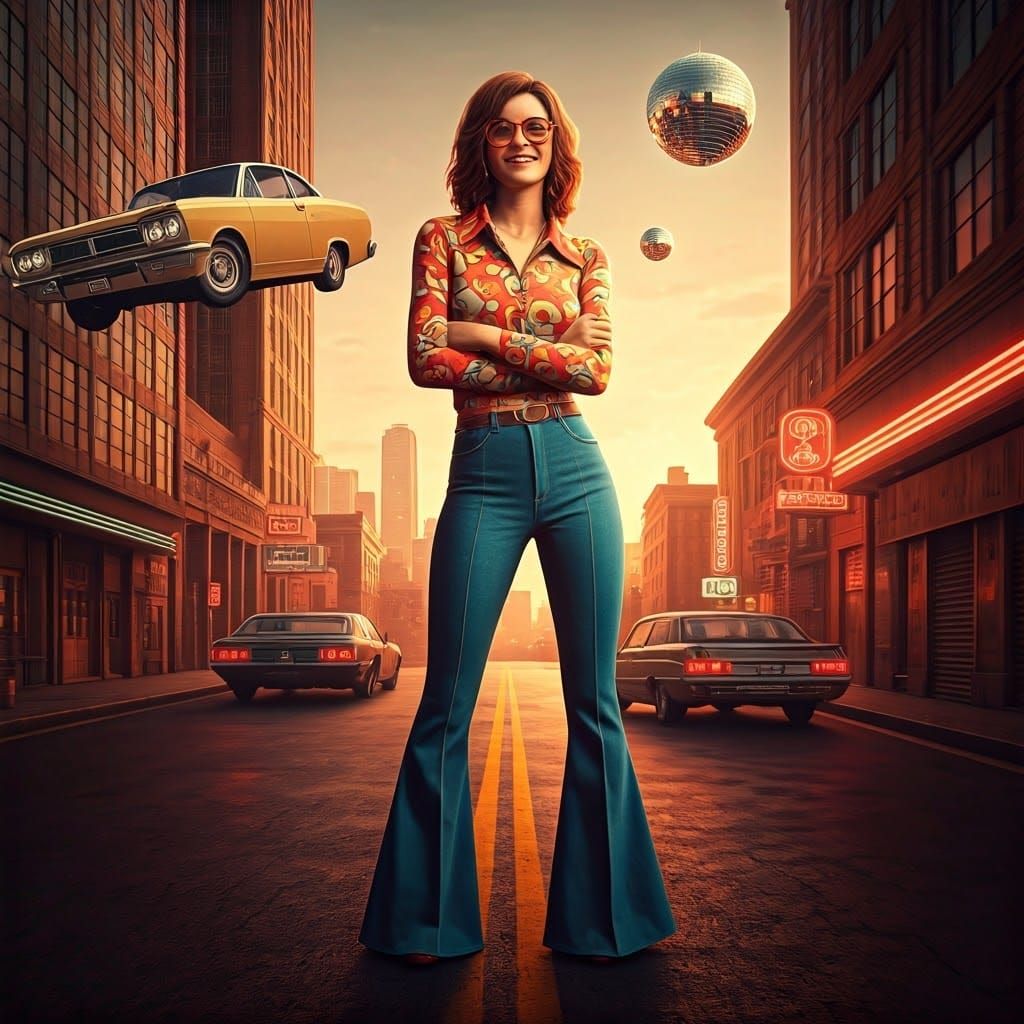 Vibrant 1970s Fashionista in Retro Futuristic Cityscape