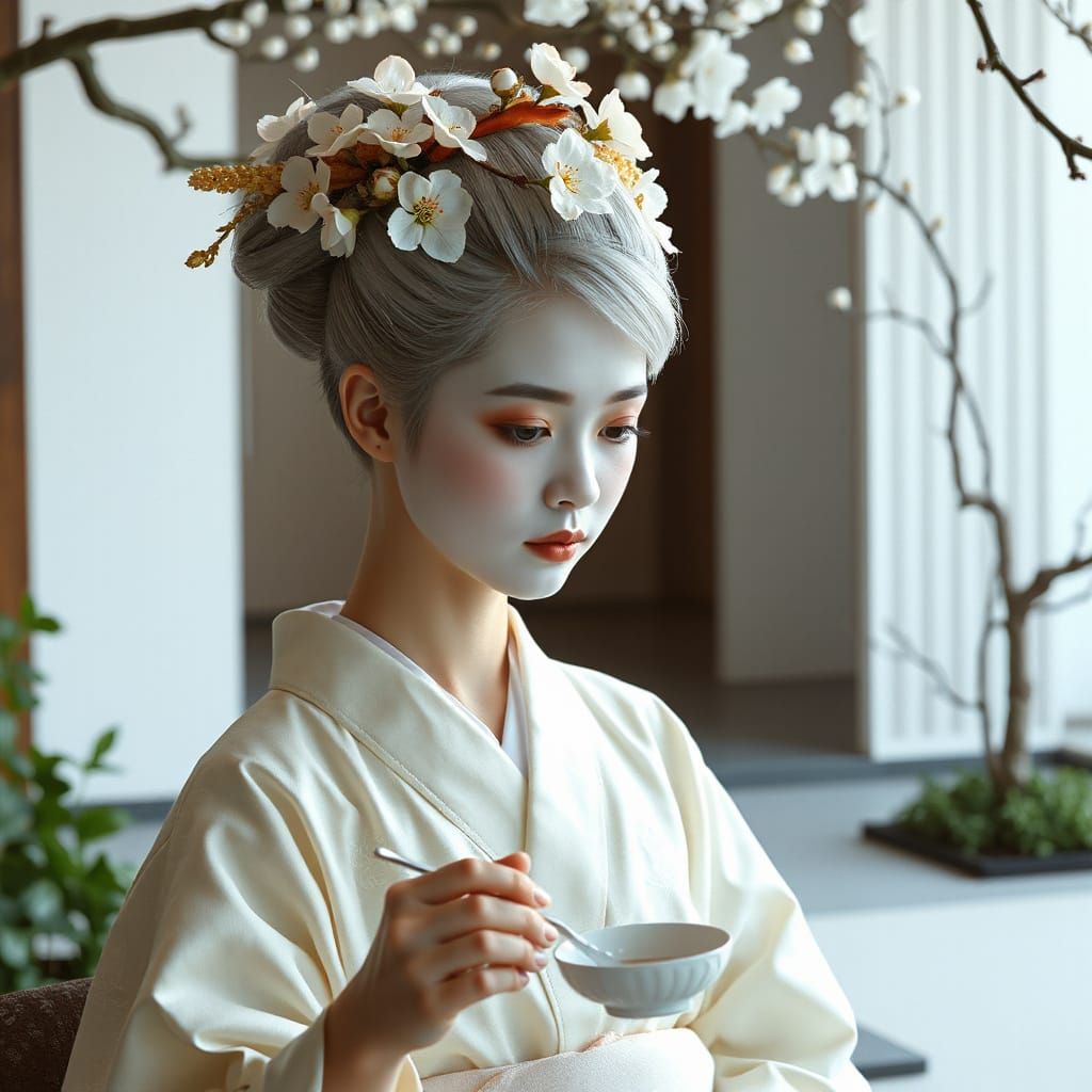 Ethereal Geisha in Minimalist Garden