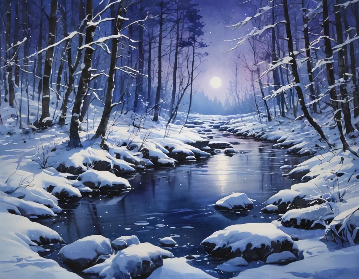 Dreamy Watercolour Snowy Forest Creek