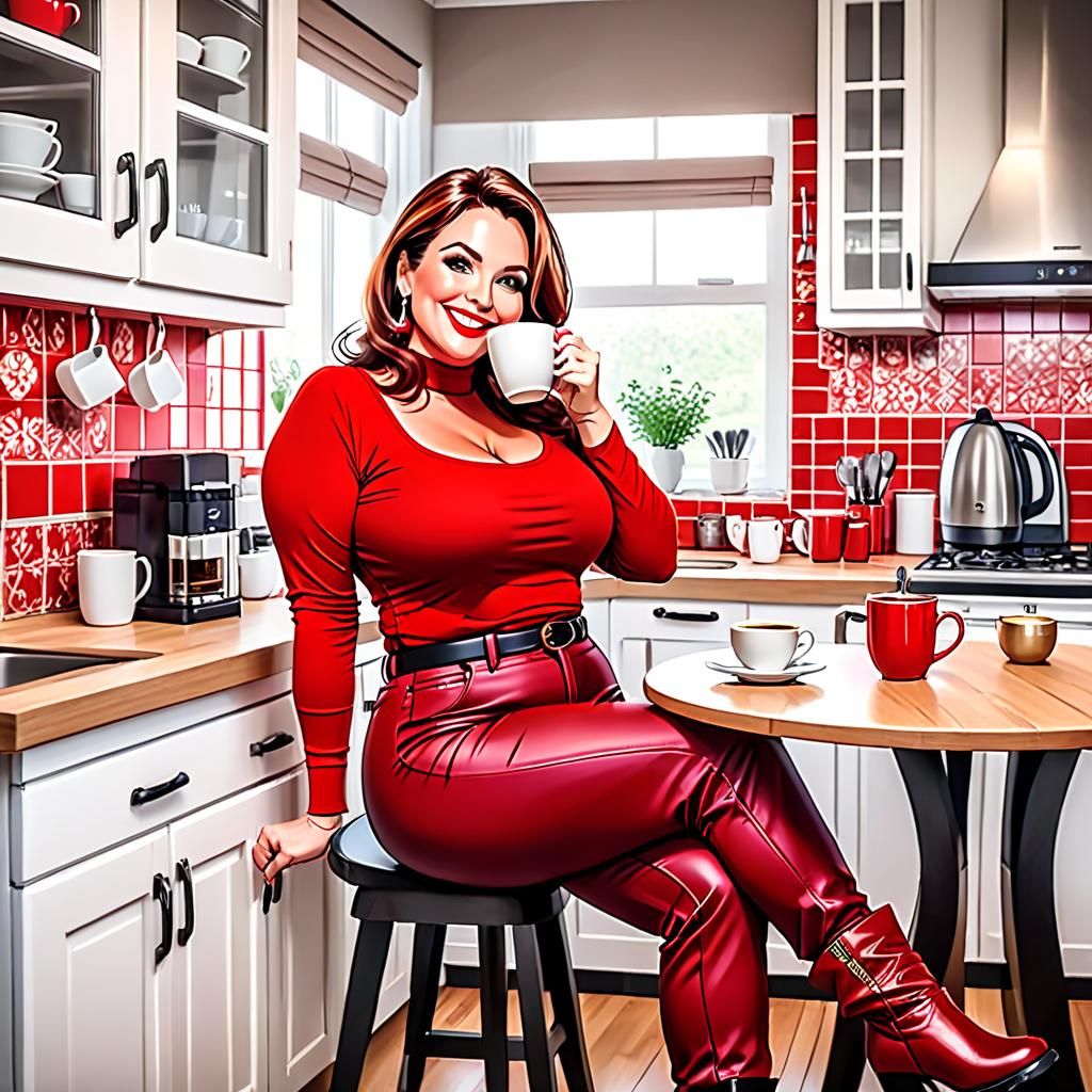Elegant Woman Sipping Coffee in a Luxurious Kitchen
