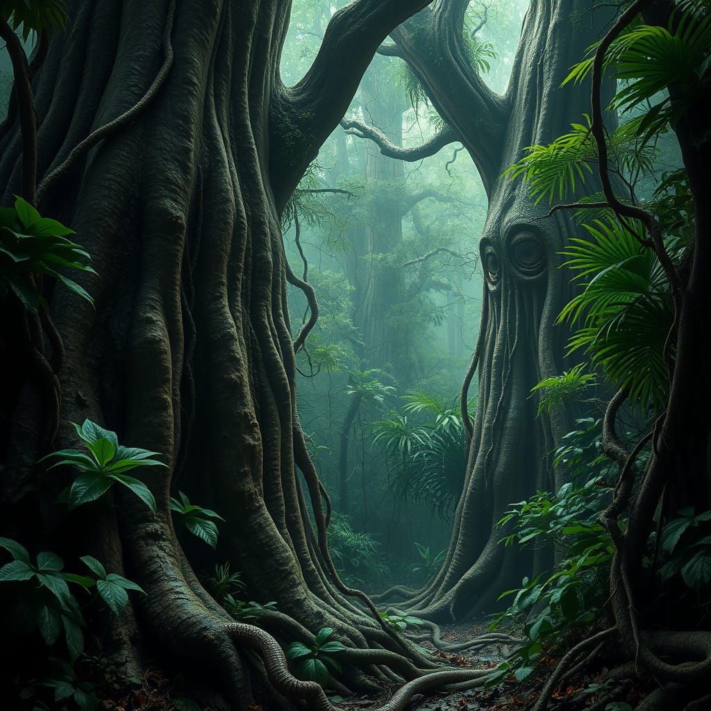 Surreal Jungle with Ancient, Watching Trees in Eerie, Electr...