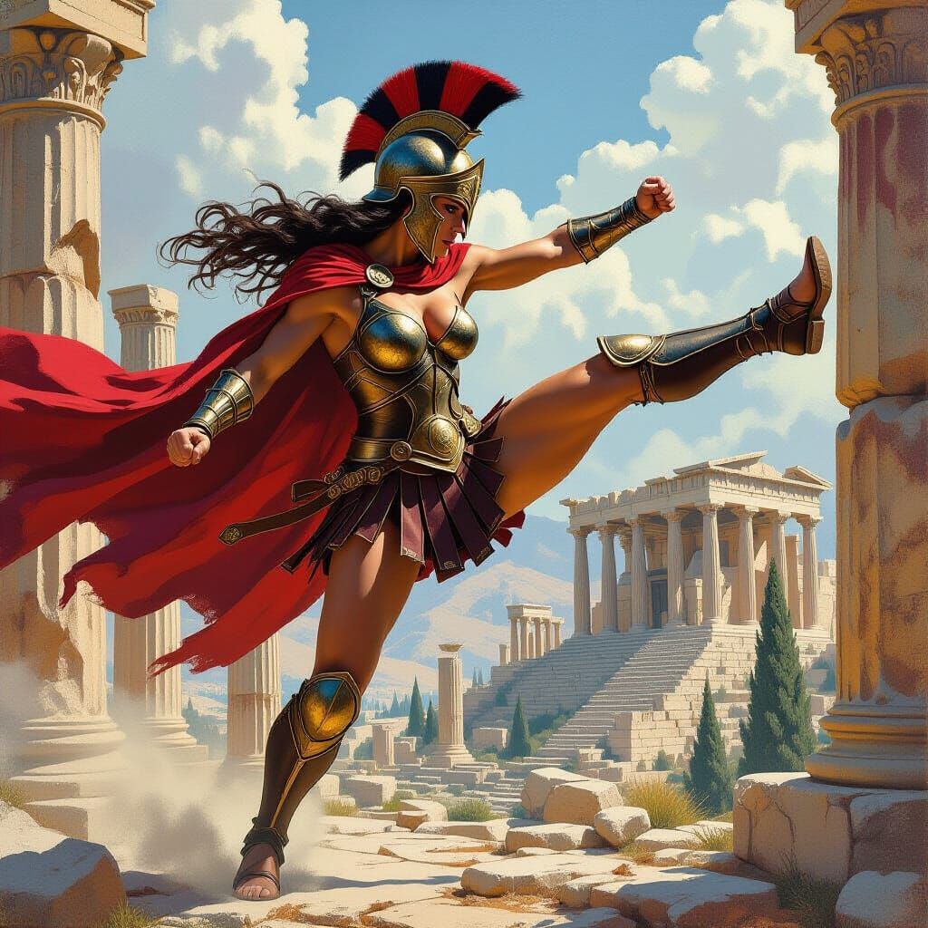 Leaping Spartan Warrior in Fantasy Oil Painting Style