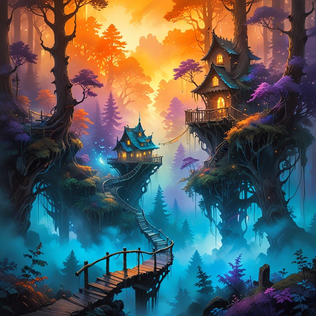 Whimsical Redwood Dreamscape with Glowing Treehouses and Eth...