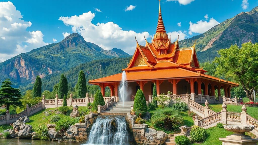 Breathtaking Thai Temple Amidst Majestic Waterfall