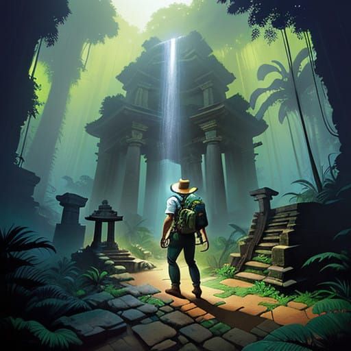 Daring Adventurer Explores Ancient Temple in Vibrant Concept...