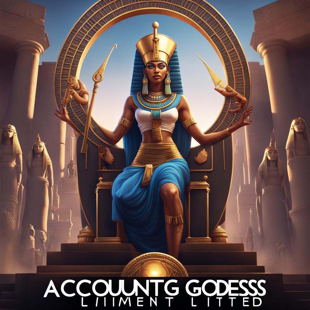 Egyptian Goddess of Accounting in Vibrant Fantasy Landscape
