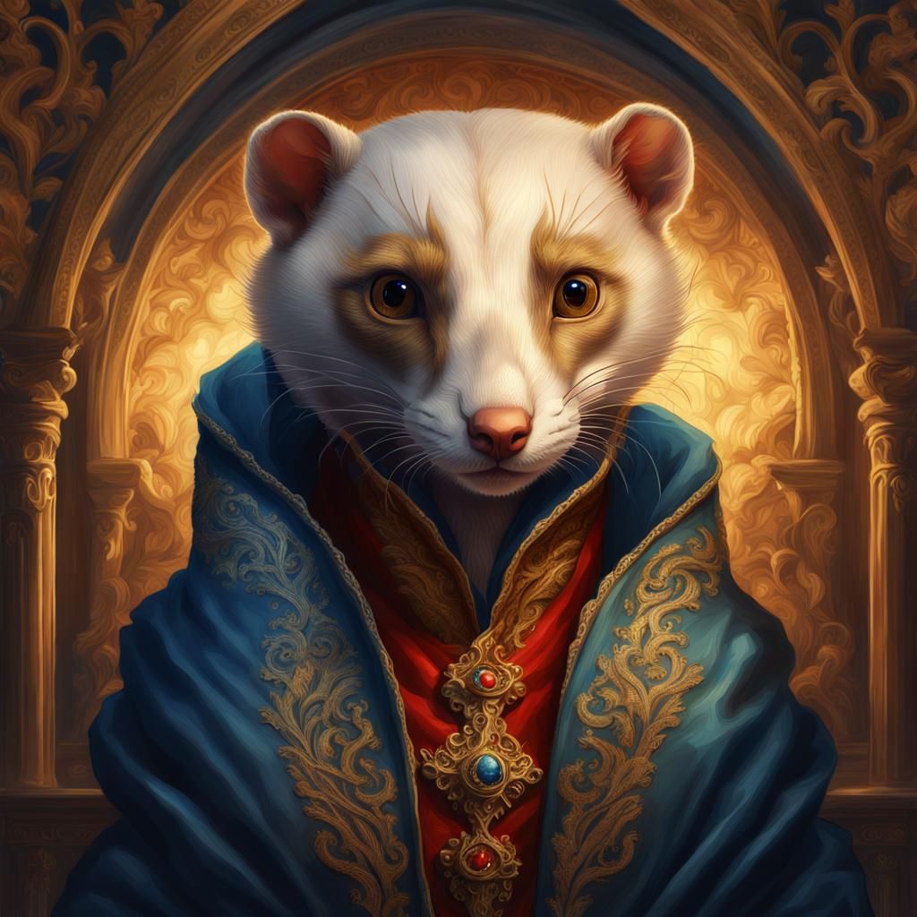 Weasel in Ornate Veil Admires Golden Filigree Masterpiece