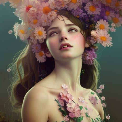 Girl in Flower Dress: Hyperdetailed Art Nouveau Portrait
