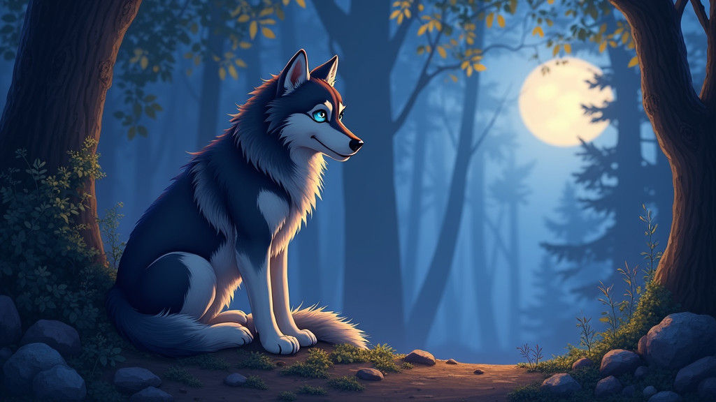 Mystical Wolf Guardian in Moonlit Fantasy Landscape