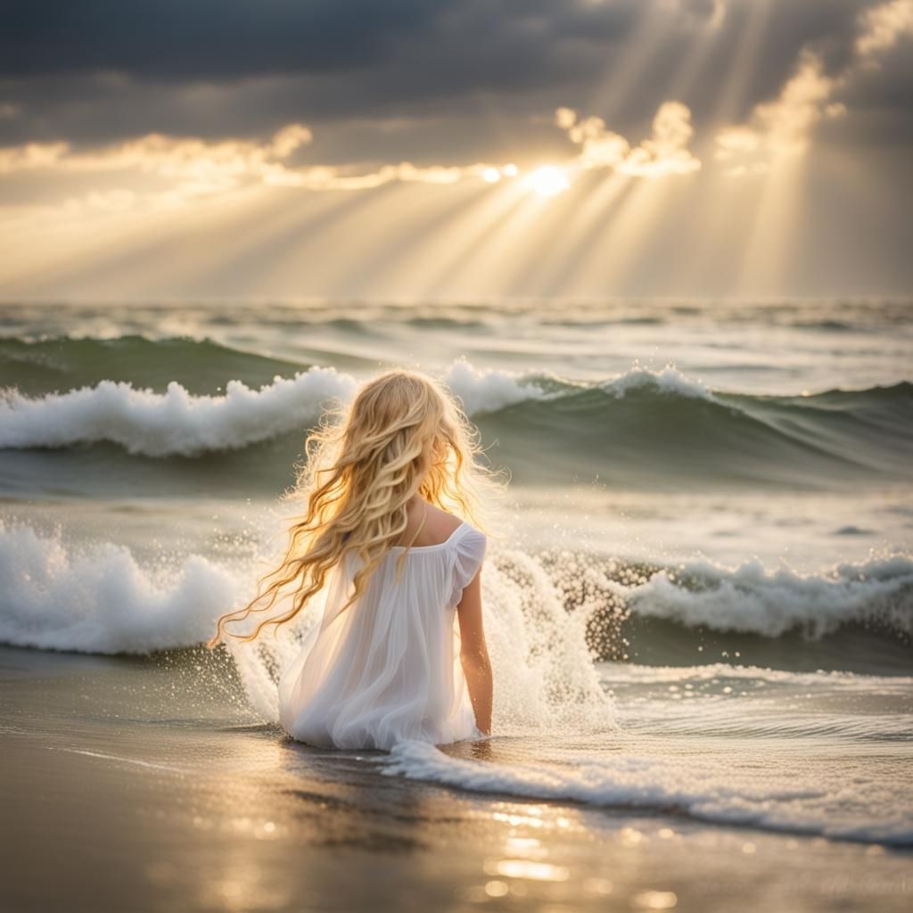 Surreal Realist Girl Plays in the Ocean Under Heavenly Sunsh...