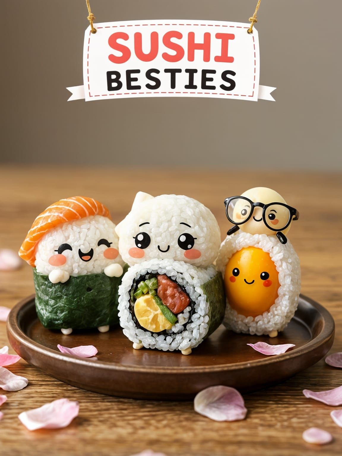 3d Kawaii nigiri sushi with smiling salmon, chubby maki roll...