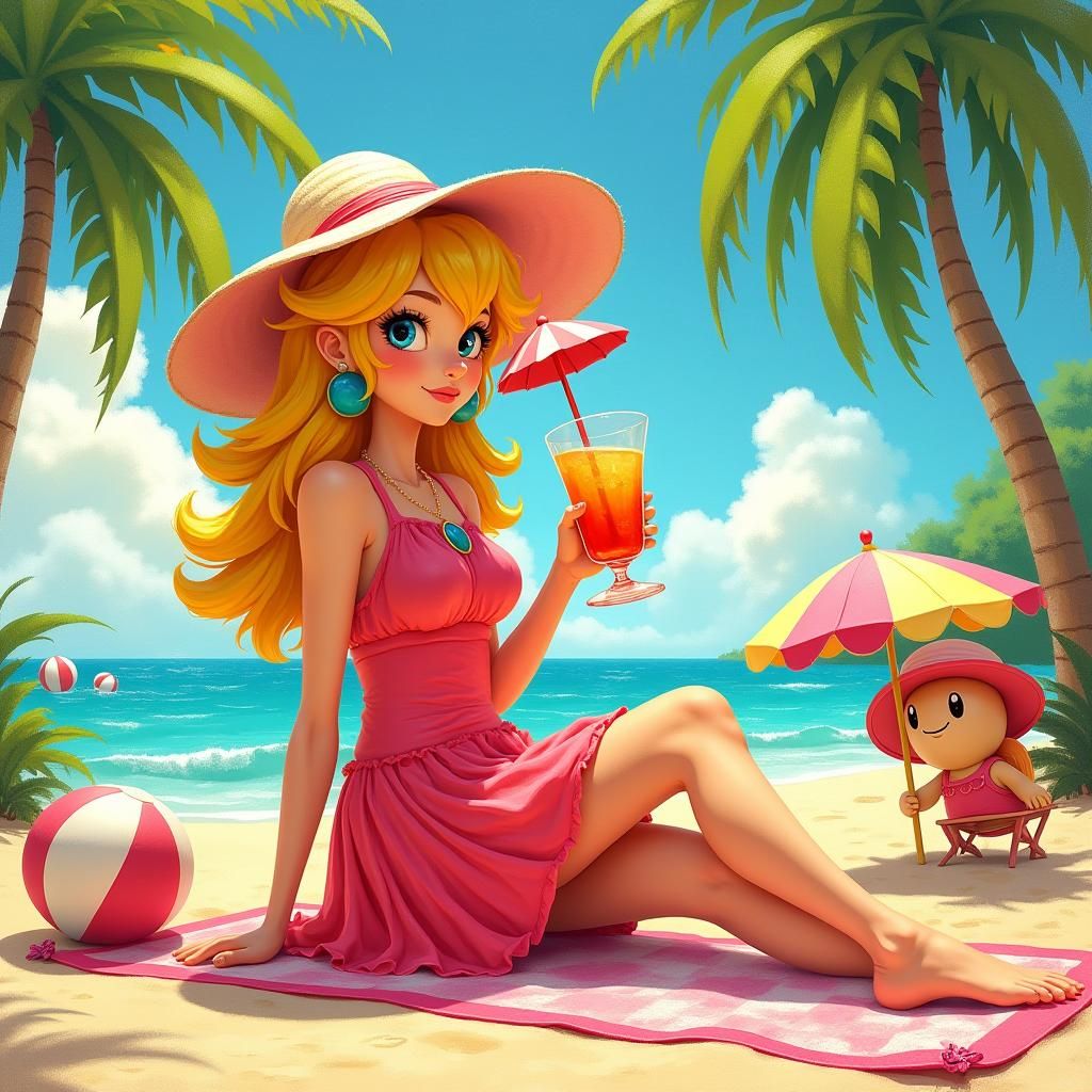 Princess Peach Beach Scene in Whimsical Art Style