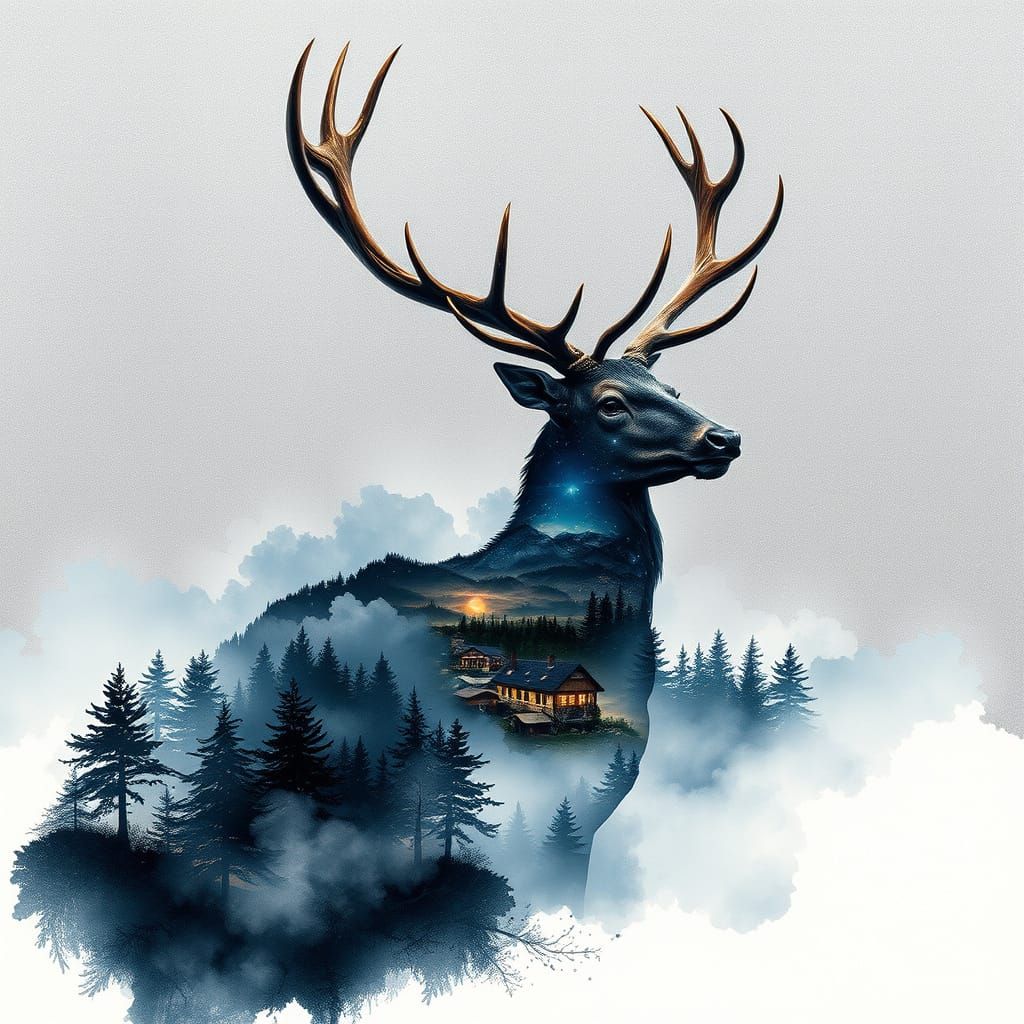 Majestic Stag with Hidden Village, Watercolour Art