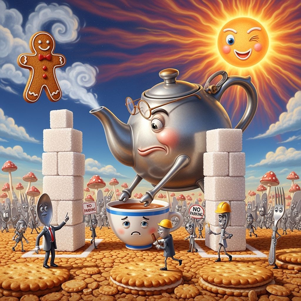 Comical Teapot Parking Scene in Fantastical Style