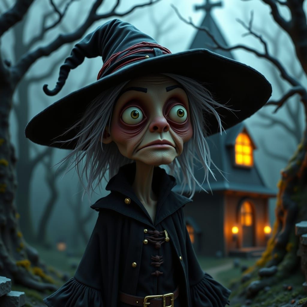 Eerie Claymation Witch in a Dark Cinematic Scene