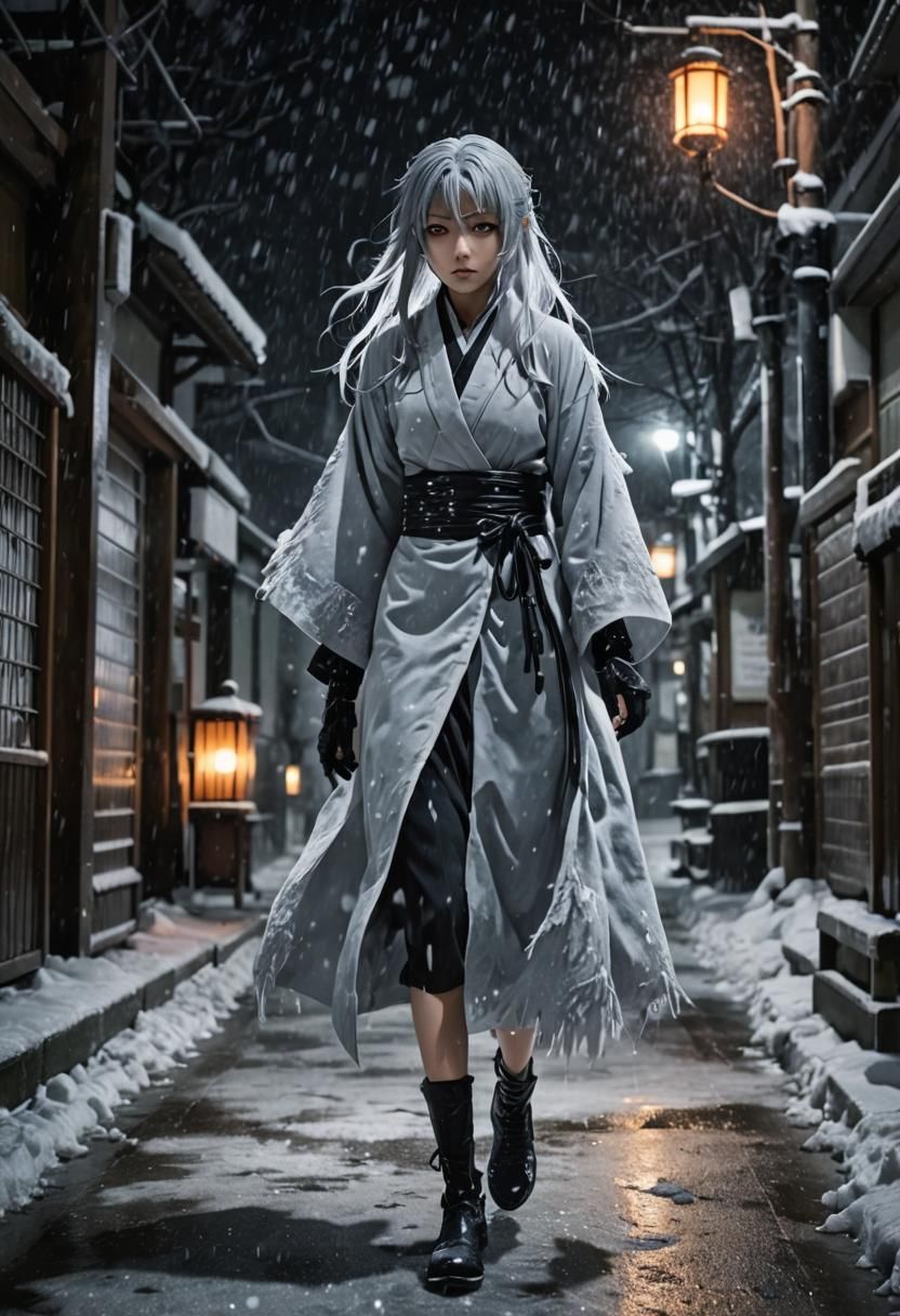 Ethereal Silver Haired Woman in a Desolate Nighttime Blizzar...