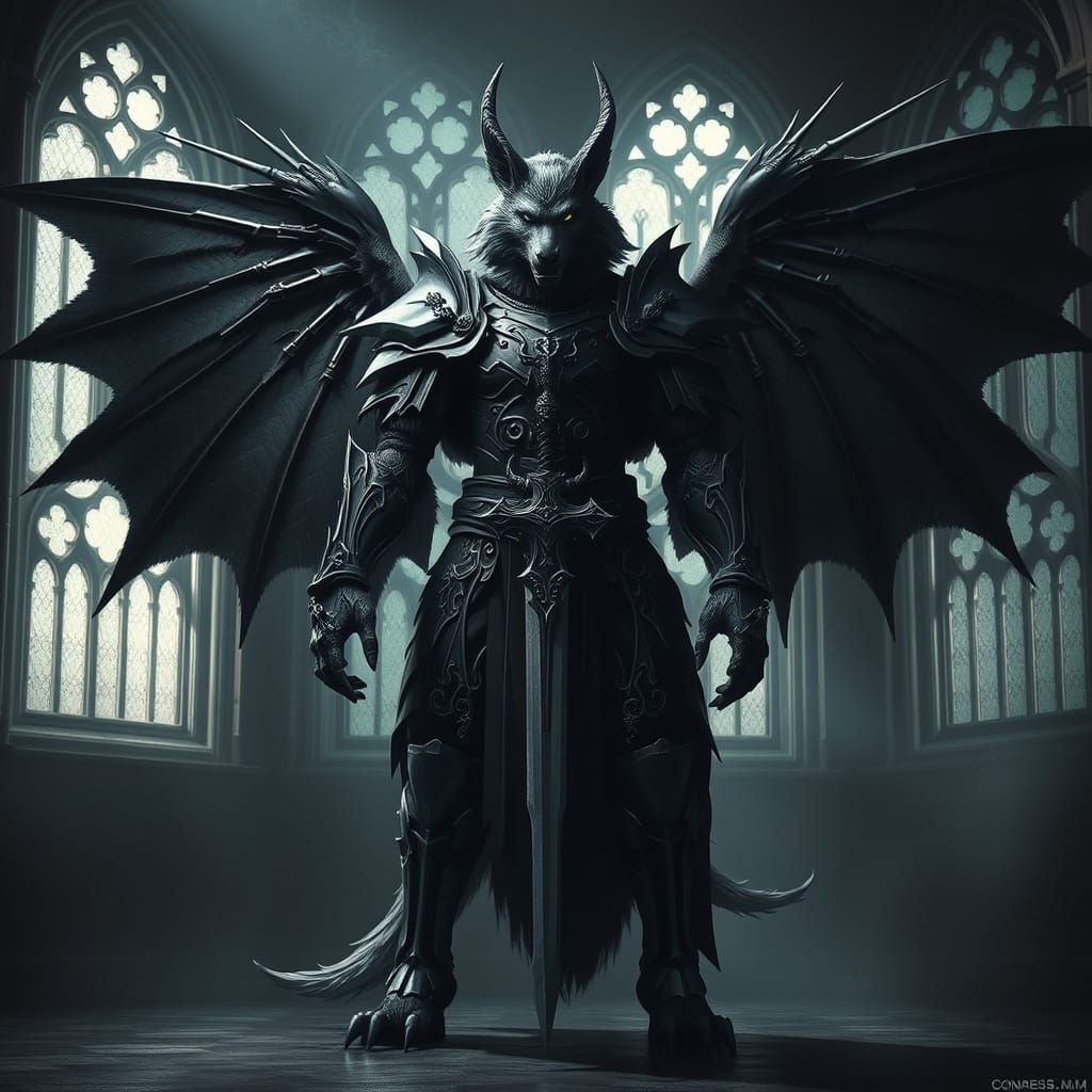 Mythical Armored Figure with Wings and Sword