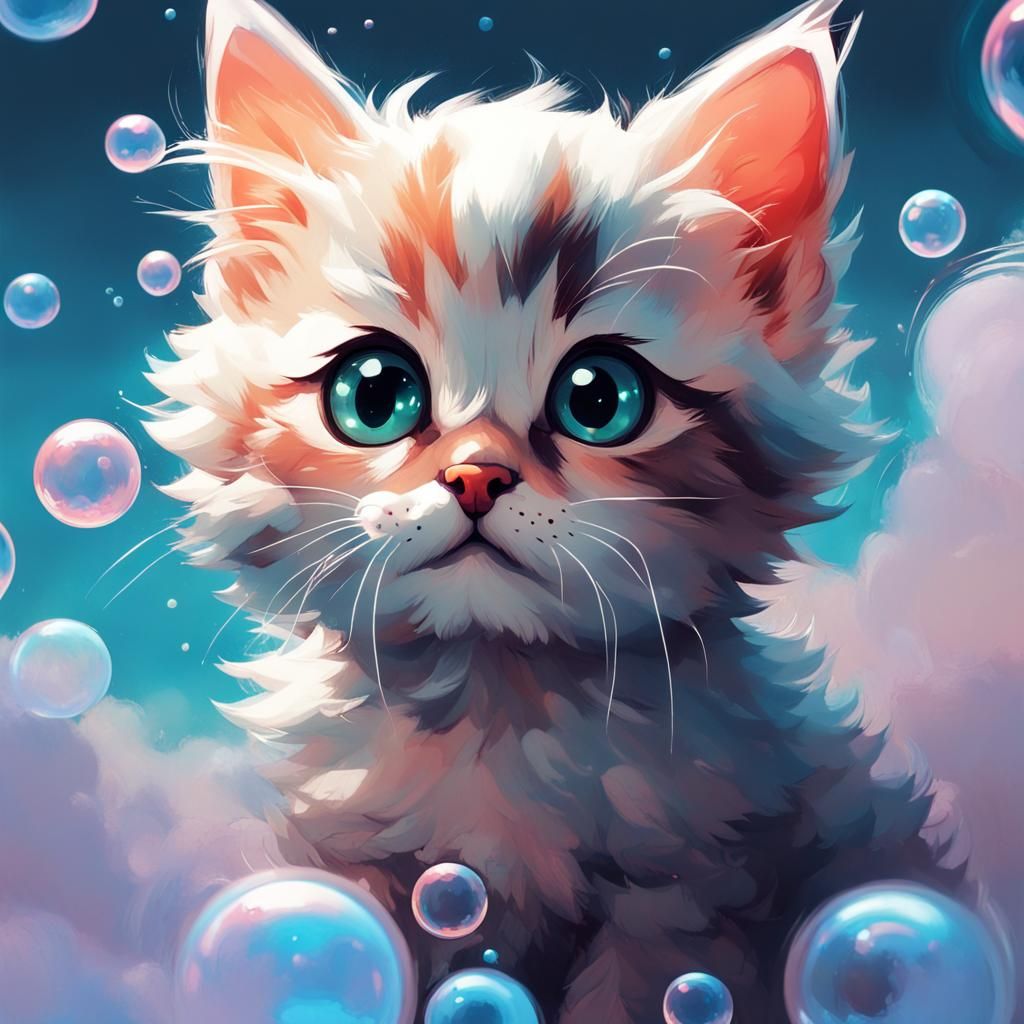 Whimsical Kitten Adorned with Vibrant Clouds and Bubbles