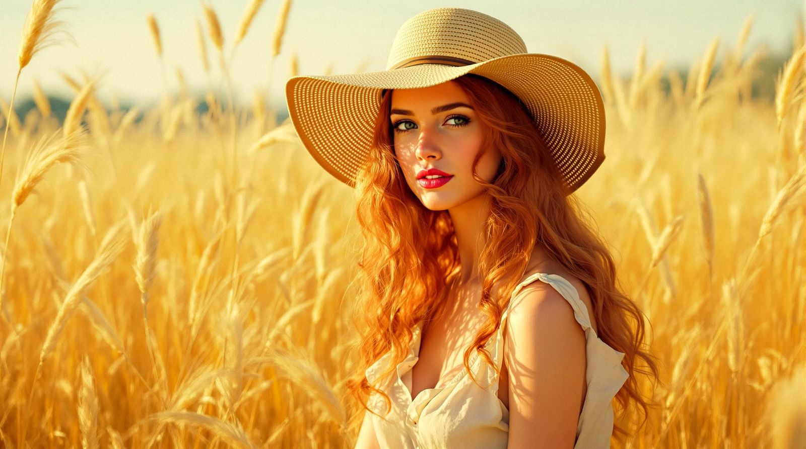 Young Woman in Golden Field with Red Hair and Sunlit Glow