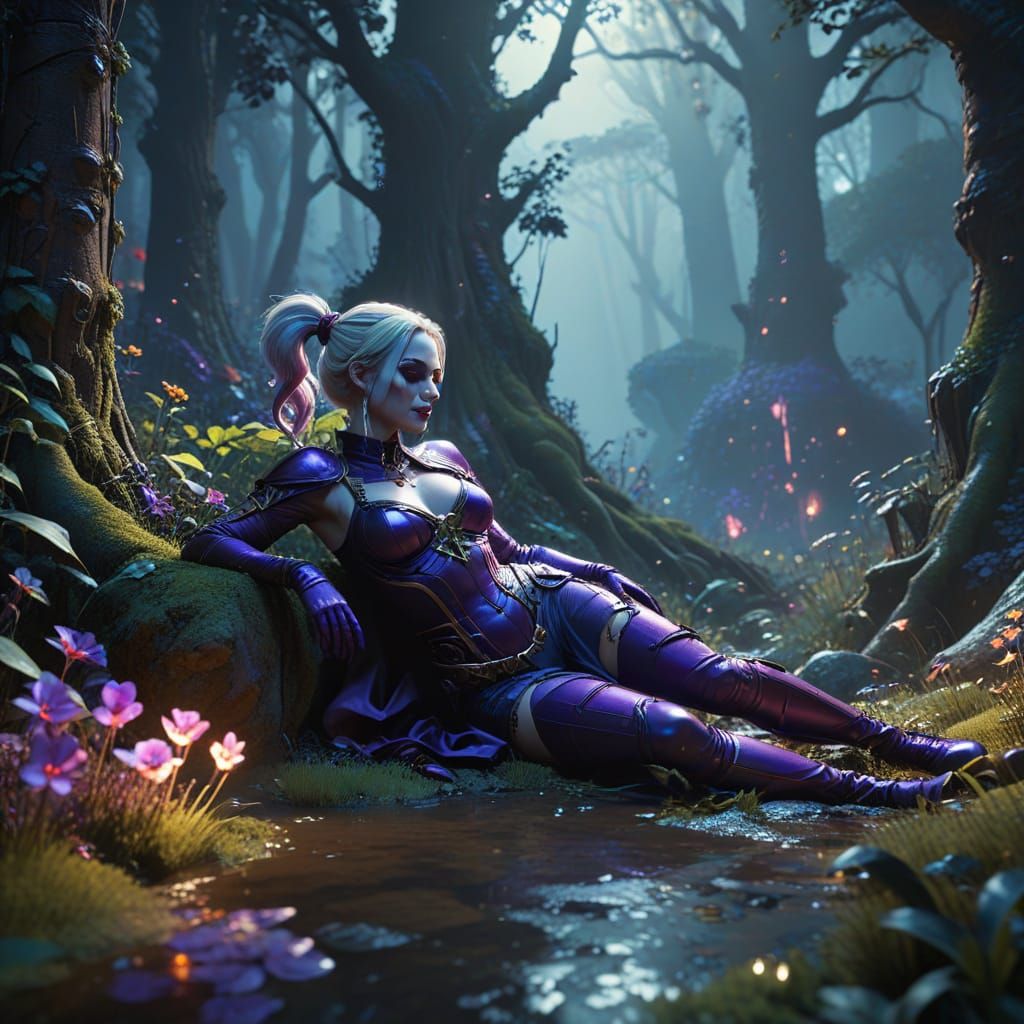 Dark Fantasy Harley Quinn Concept Art in Mystical Forest