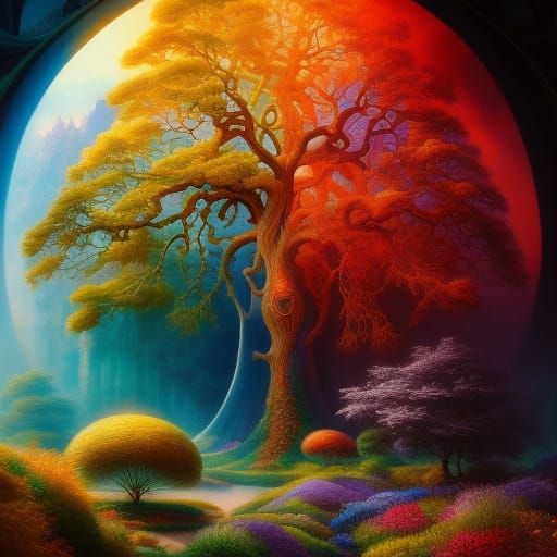 Intricate Heart Tree of Life in Vibrant Summer and Winter Ha...