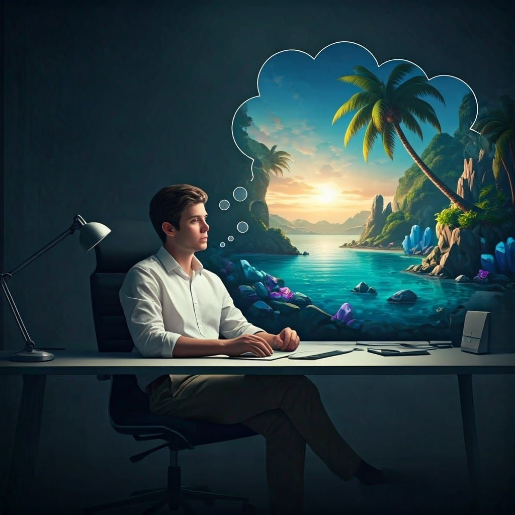 Surreal Office Worker Escapes to Vibrant Tropical Island
