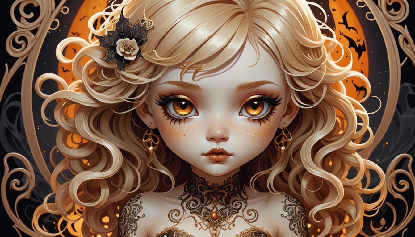 Mystical Chibi Goddess in Dark Art Nouveau Digital Art