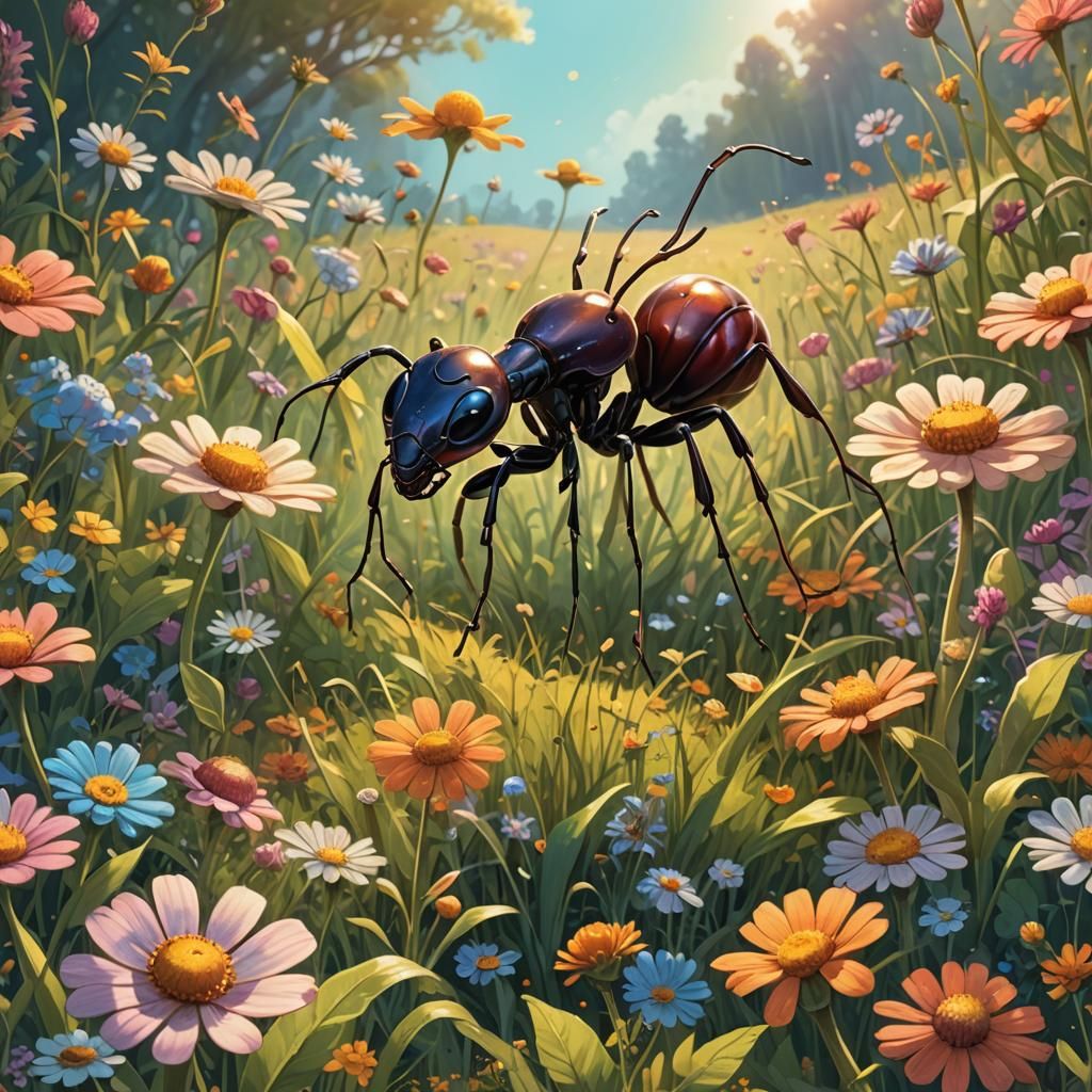 Whimsical Storybook Ant in Enchanted Meadow