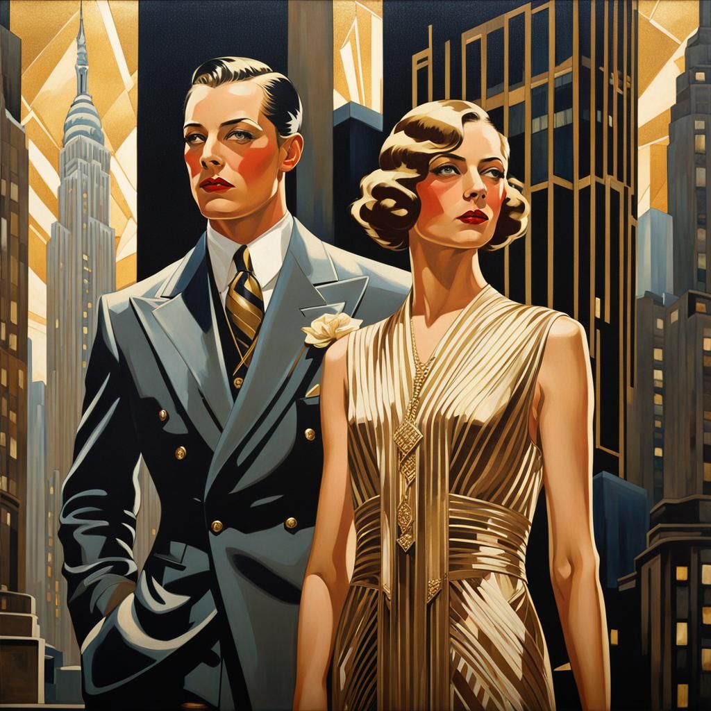 Glamorous Art Deco Couple in Front of Grand Skyscraper