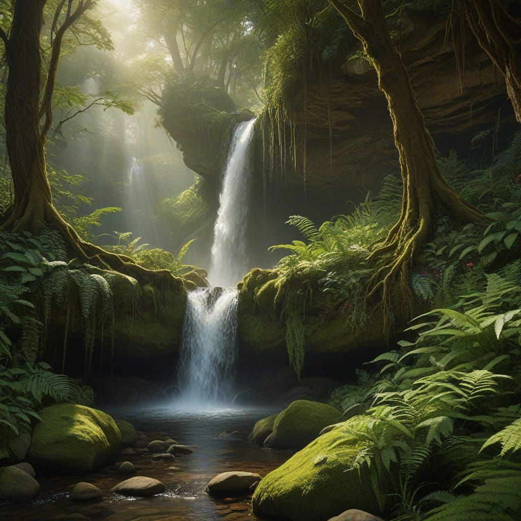 Surreal, Hyperrealistic Waterfall Scene in a Lush, Verdant G...