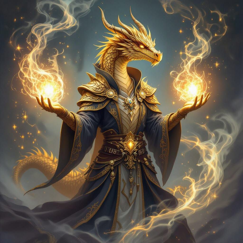 Majestic Gold Dragonborn Mage Casting Spell in Ethereal Fant...
