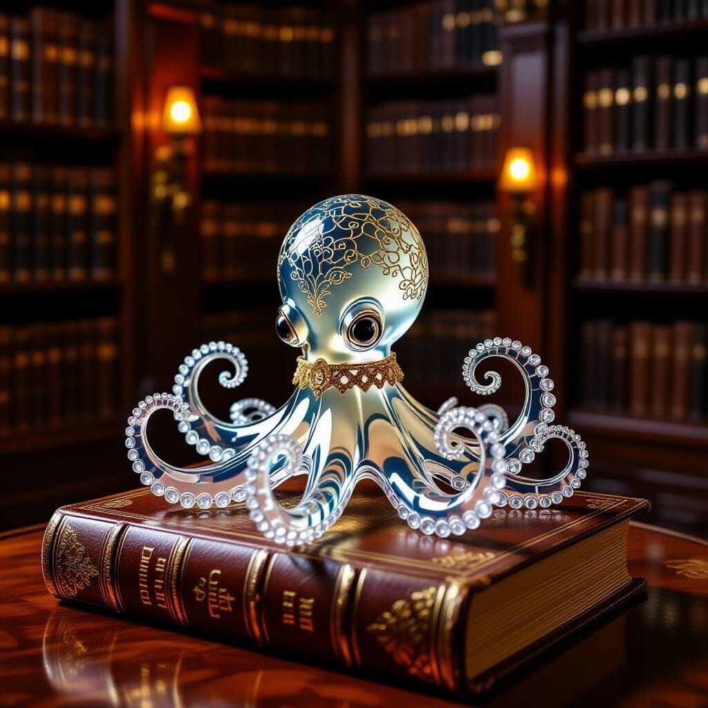 Crystal Octopus in Library, Fantastical Realism Style