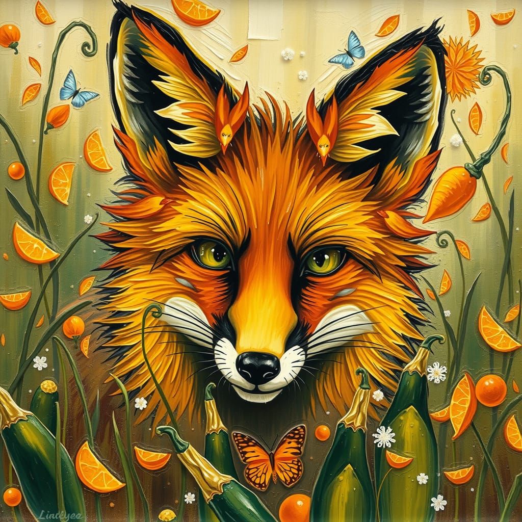 Vibrant Fox in a Field of Colorful Vegetables