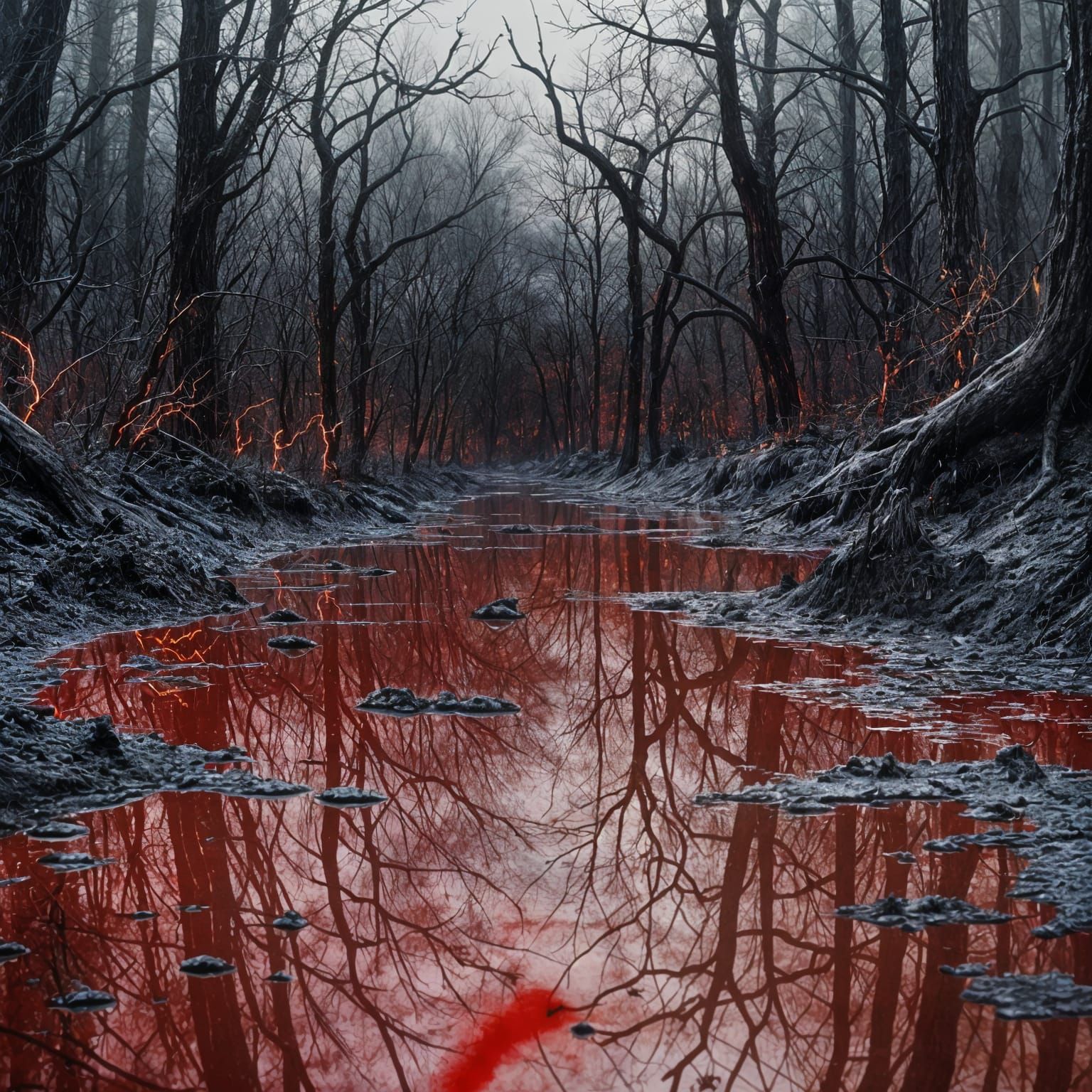 Dark Crimson Landscape with Infernal Presence