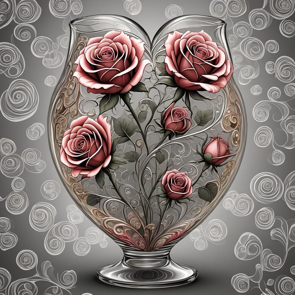 Roses in the shape of hearts in a glass vase