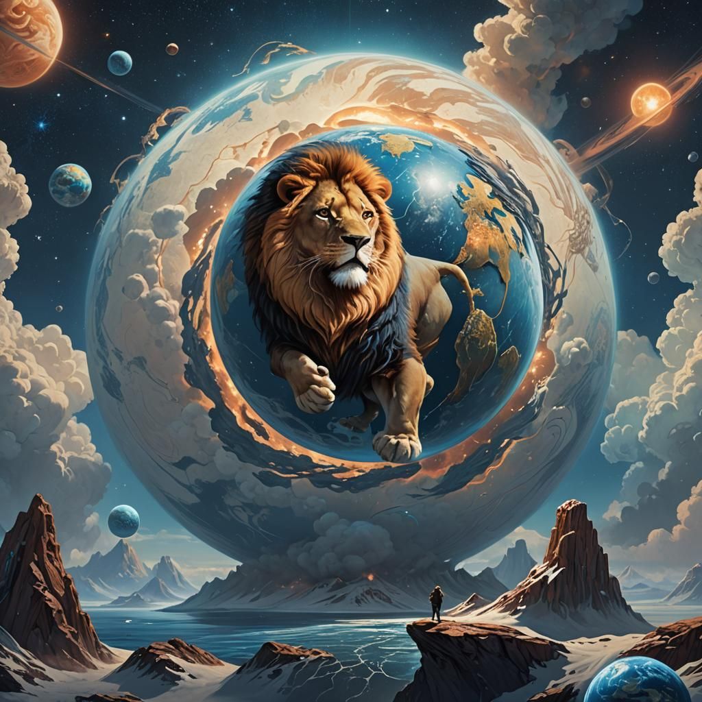Starry Cosmos: Lion Embracing a Miniature Earth