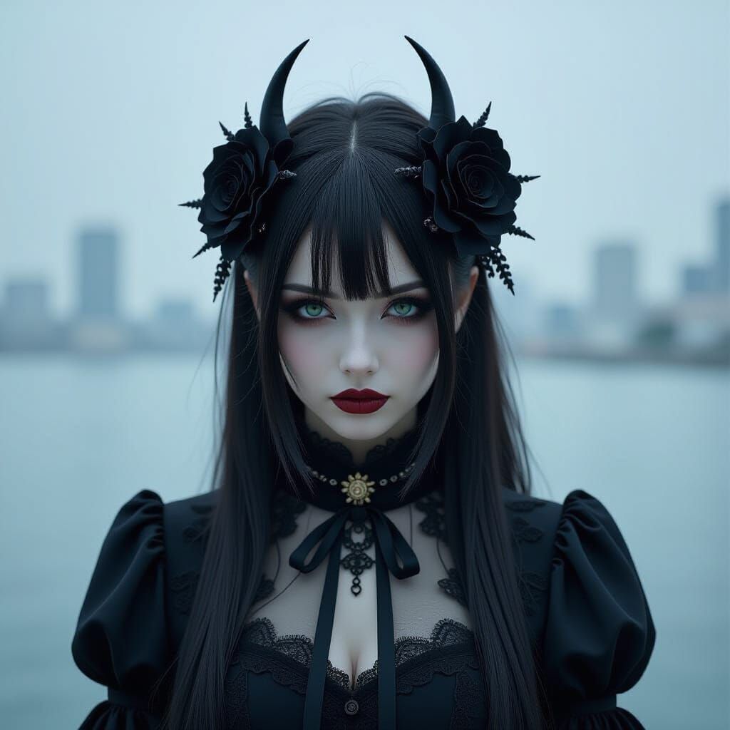 Gothic Japanese Woman in Stormy Underworld