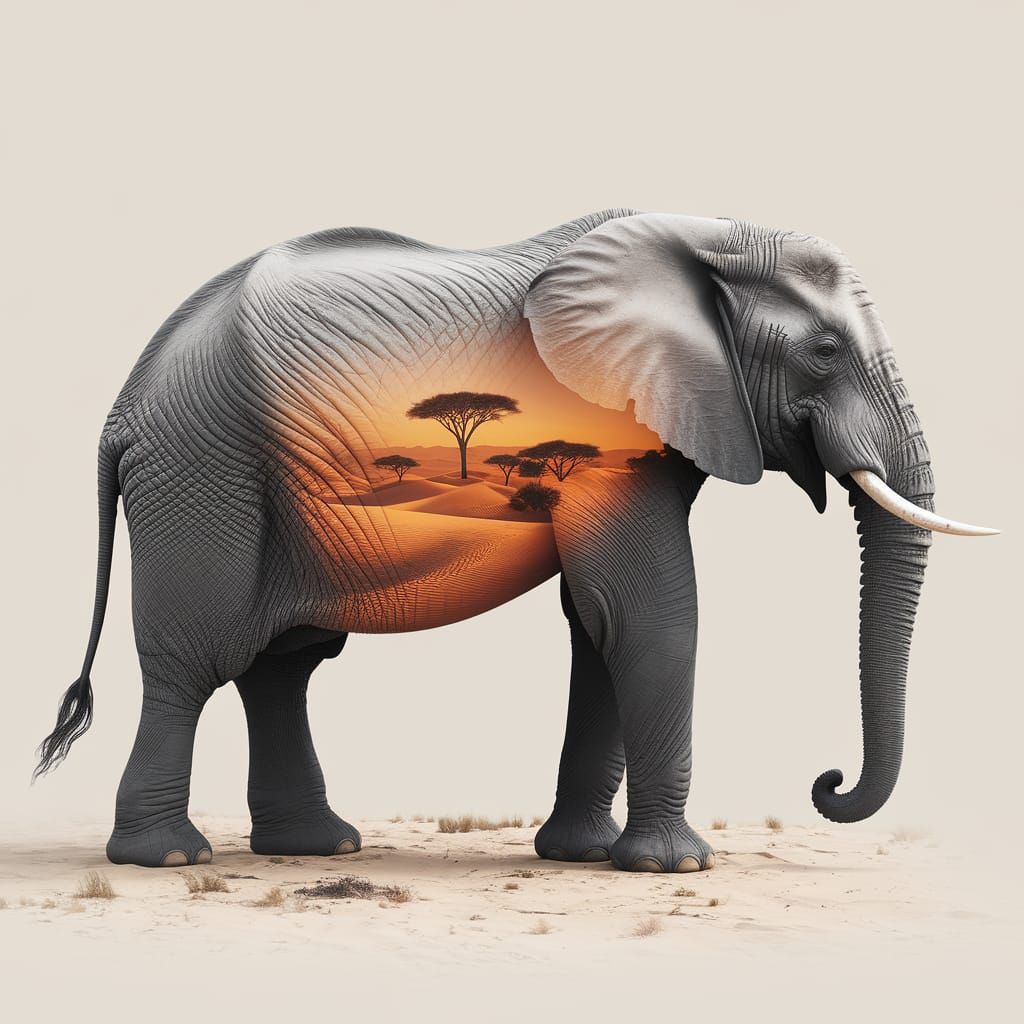 Ethereal Elephant in Golden Desert Landscape