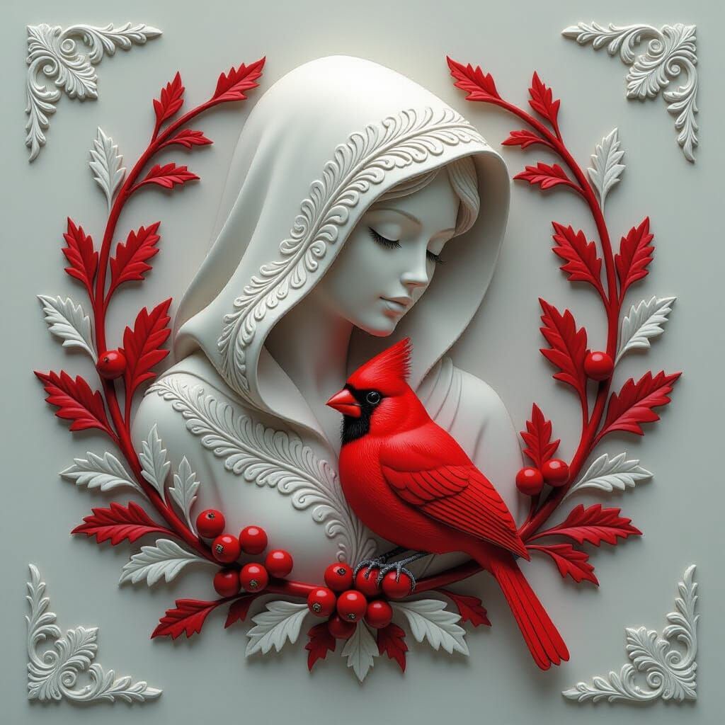 Stone Carved Beauty: Cardinal on Berries with Stone Feathers