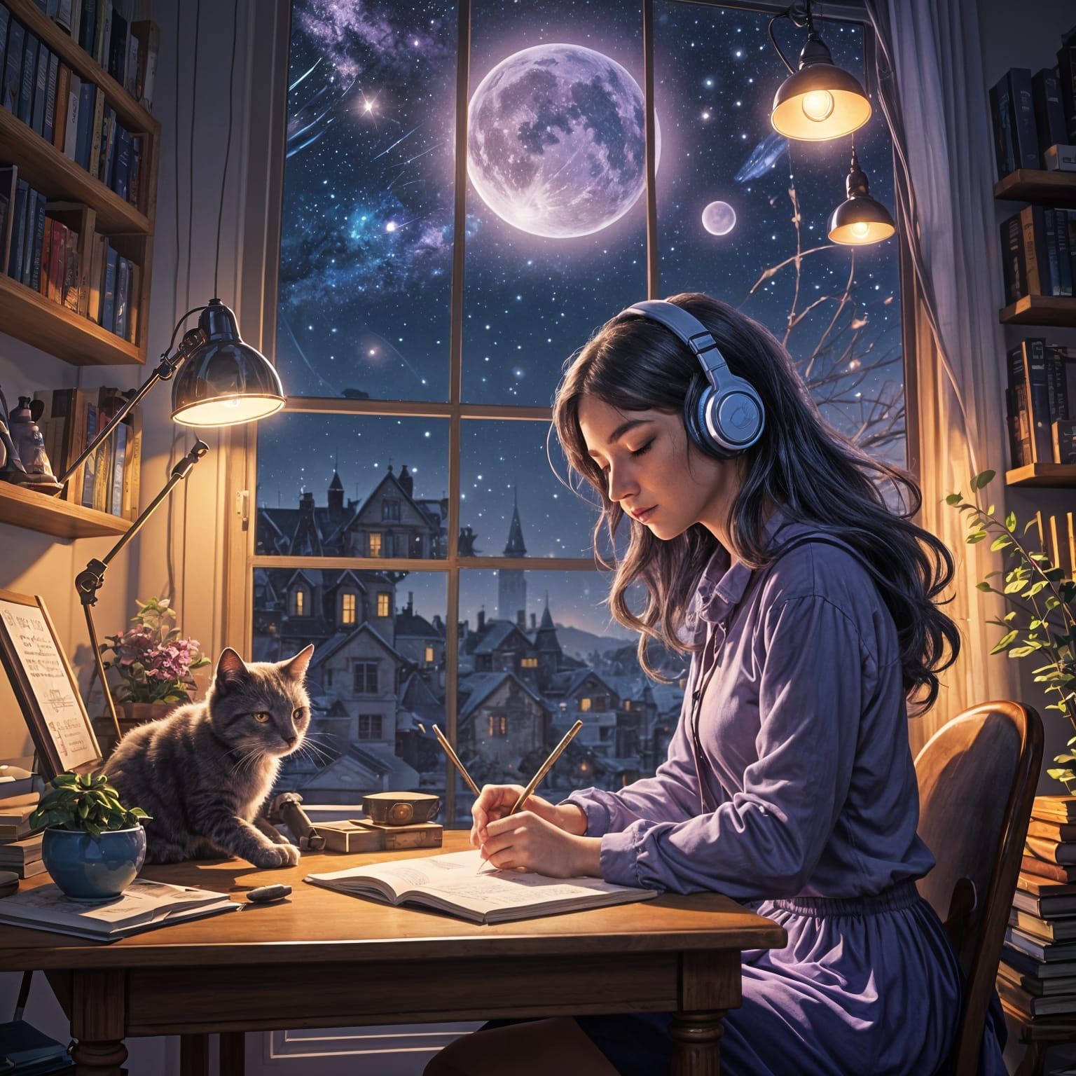 Lofi Girl in a Whimsical Study Nook Under a Starry Night Sky