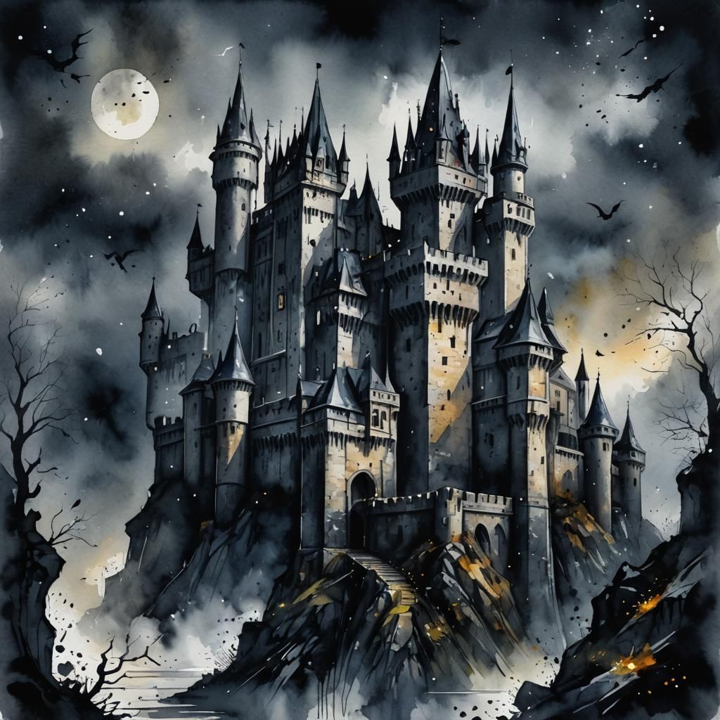 Medieval Castle Fortress in a Breathtaking Night Scene, Wate...