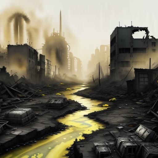 Desolate Post-Apocalyptic Cityscape in Vibrant Watercolor