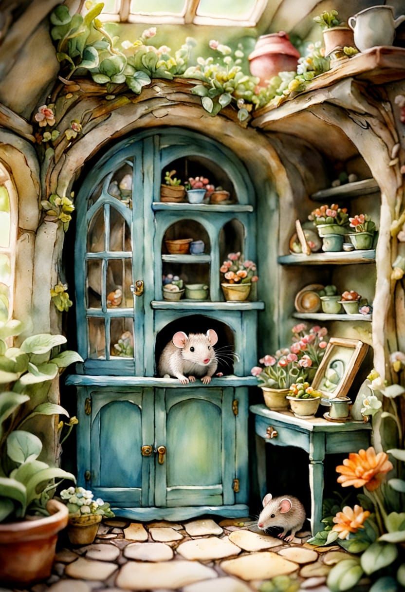 Whimsical Underground Mouse Home in Watercolour Style